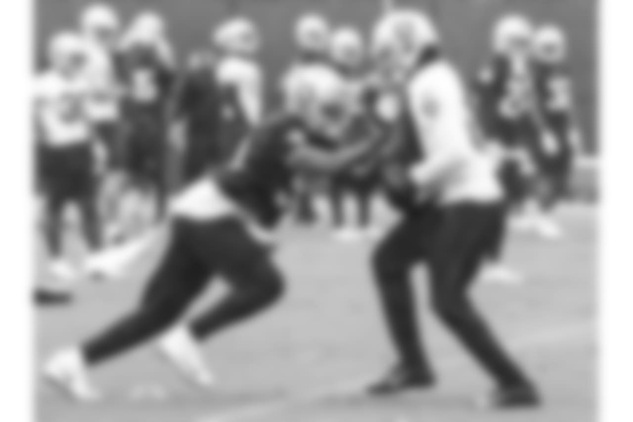 Oakland Raiders players at an Organized Team Activity (OTA) at the Oakland Raiders Practice Facility, Tuesday, May 22, 2018, in Alameda, California.