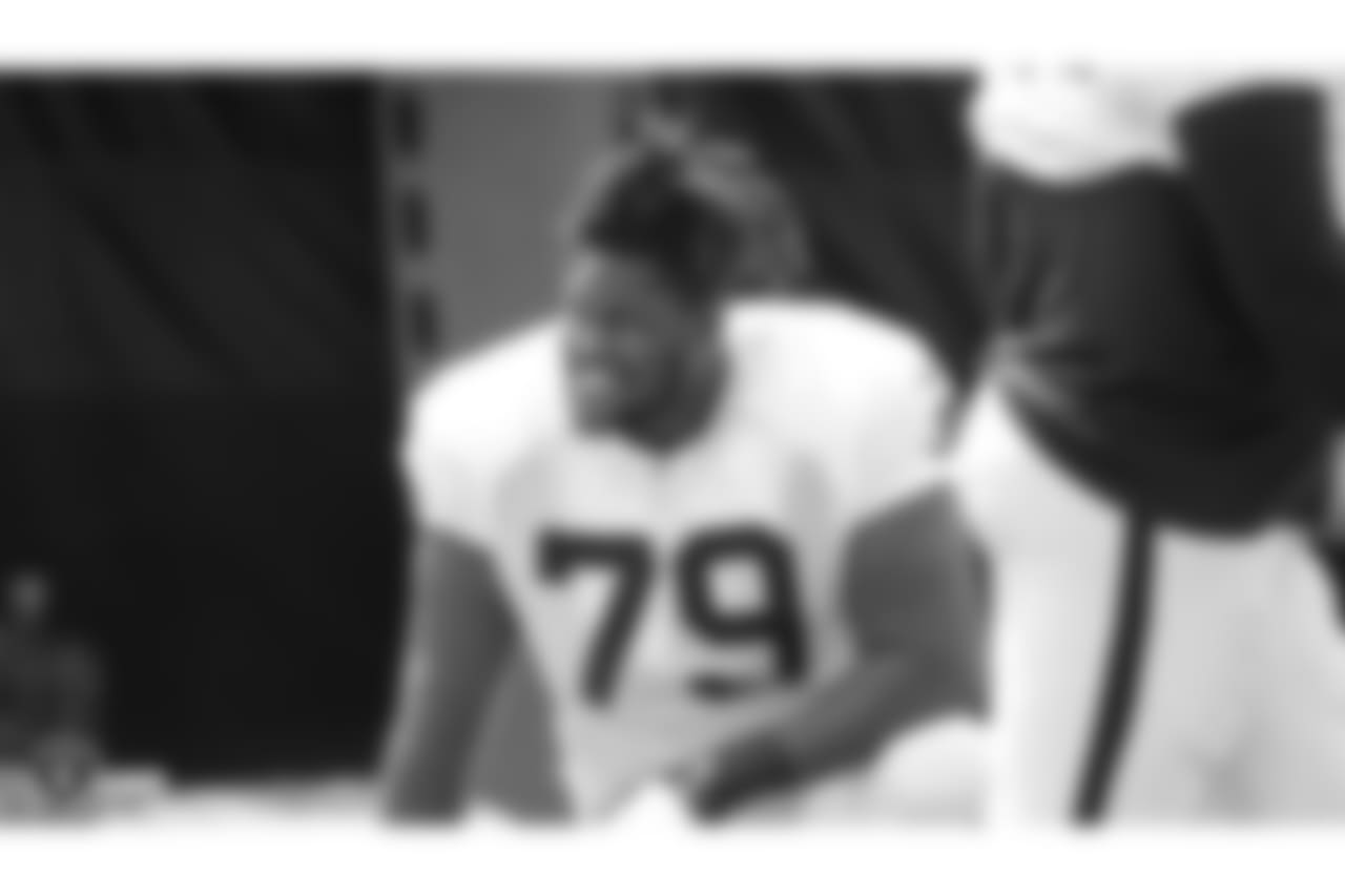 Oakland Raiders offensive guard Denver Kirland (79) on the field for practice at 2018 Training Camp at The Oakland Raiders Napa Valley Training Complex, Monday, July 30, 2018, in Napa, California.