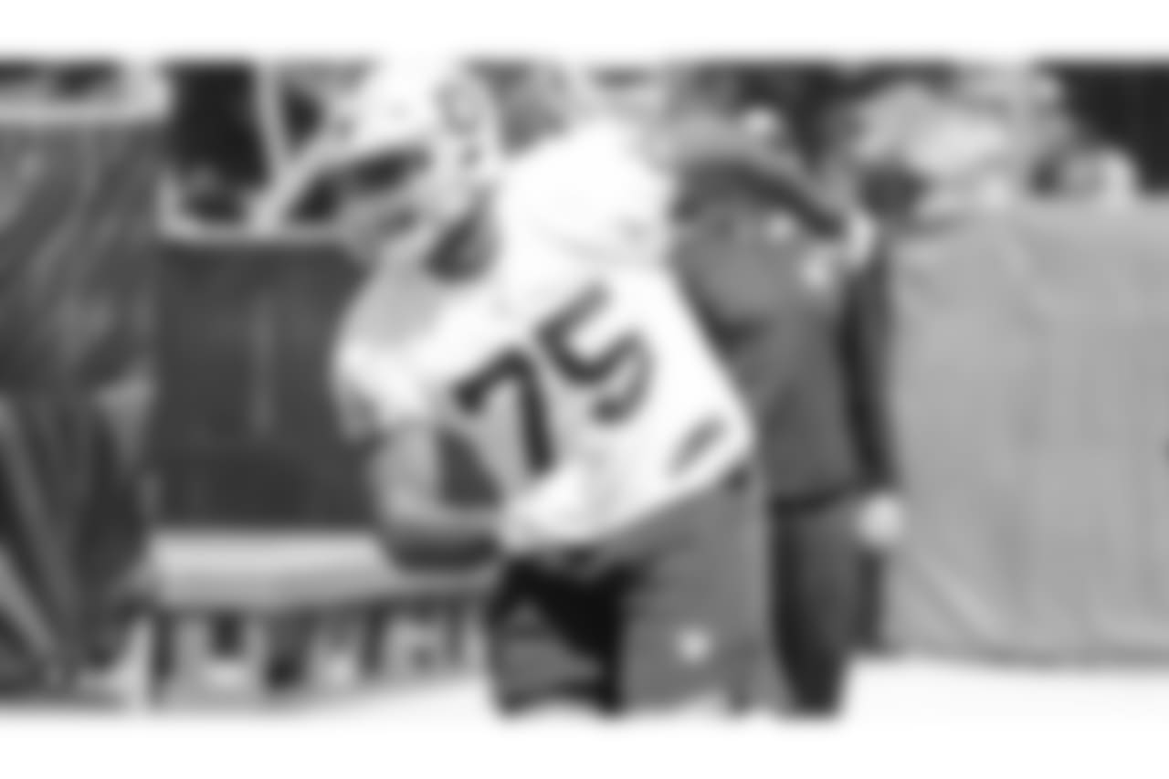 Oakland Raiders offensive tackle Brandon Parker (75) at an Organized Team Activity (OTA) at the Oakland Raiders Practice Facility, Monday, June 4, 2018, in Alameda, California.