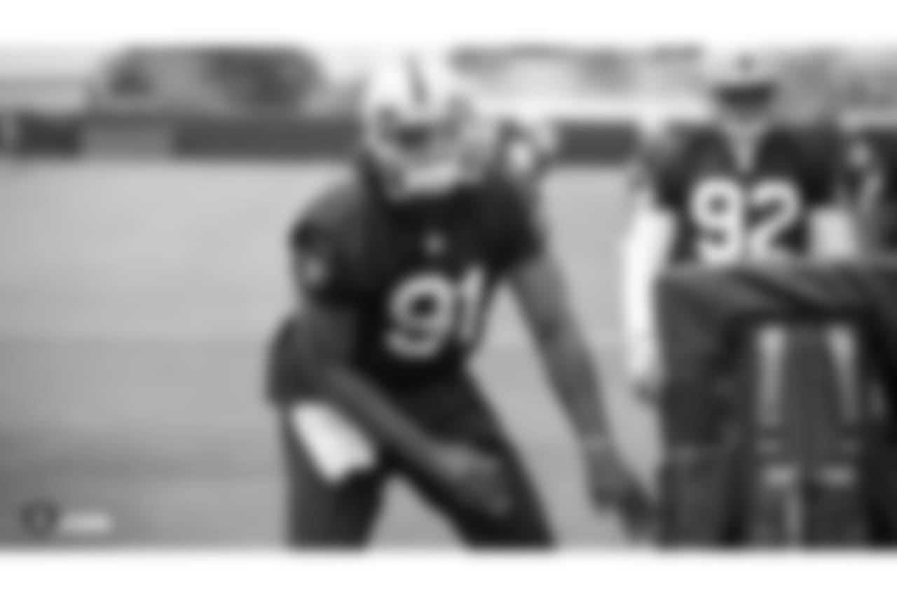 Oakland Raiders linebacker Shilique Calhoun (91) at an Organized Team Activity (OTA) at the Oakland Raiders Practice Facility, Wednesday, May 30, 2018, in Alameda, California.