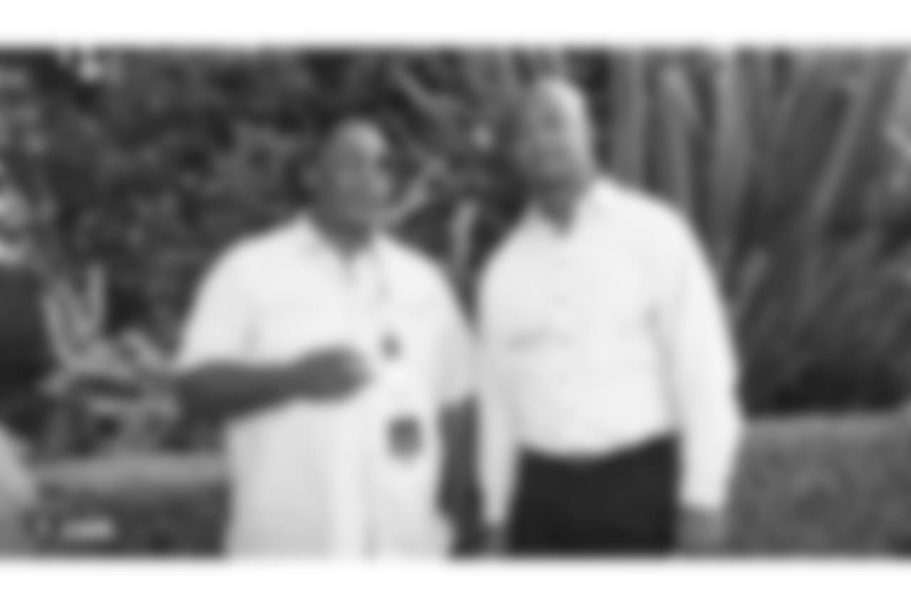 Oakland Raiders alumni David Dunn and Rickey Dudley at an Alumni Dinner during 2018 Training Camp at Kelham Vineyards, Saturday, July 28, 2018, in Saint Helena, California.