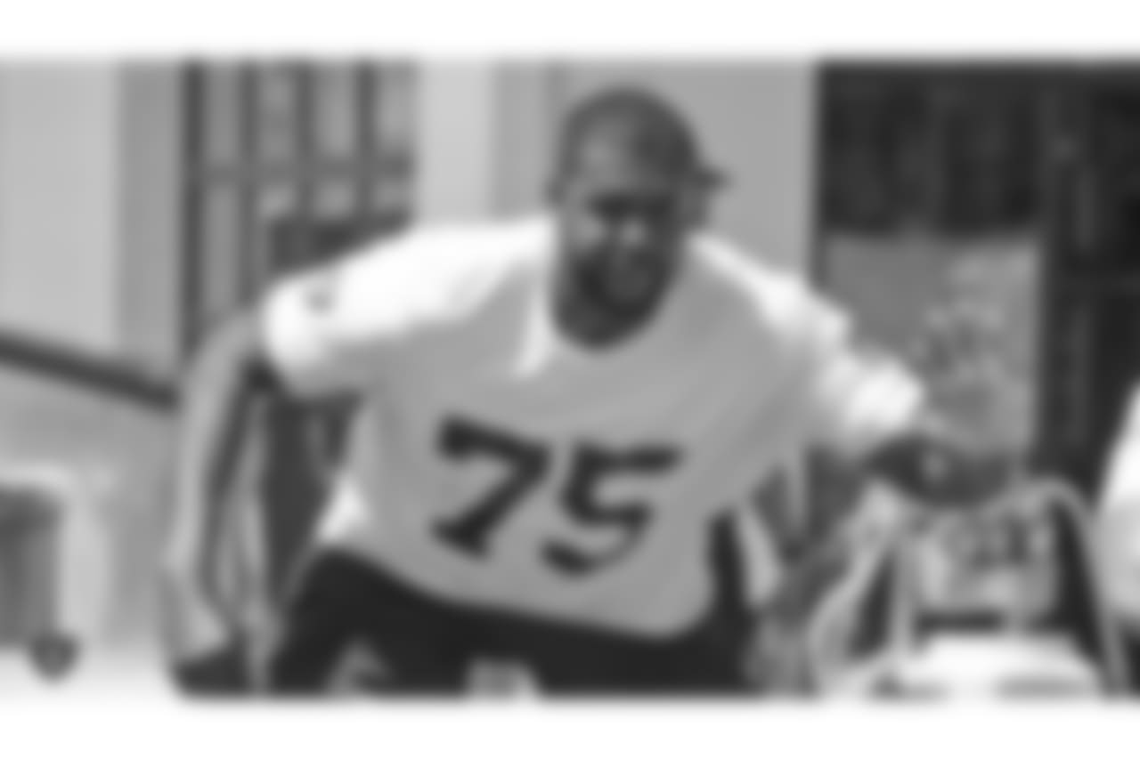 Oakland Raiders offensive tackle Brandon Parker (75) at an offseason program at the Oakland Raiders Practice Facility, Friday, June 1, 2018, in Alameda, California.