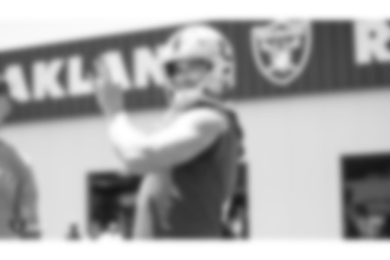 Oakland Raiders quarterback Derek Carr (4) at a Mandatory Mini Camp at the Oakland Raiders Practice Facility, Tuesday, June 12, 2018, in Alameda, California.