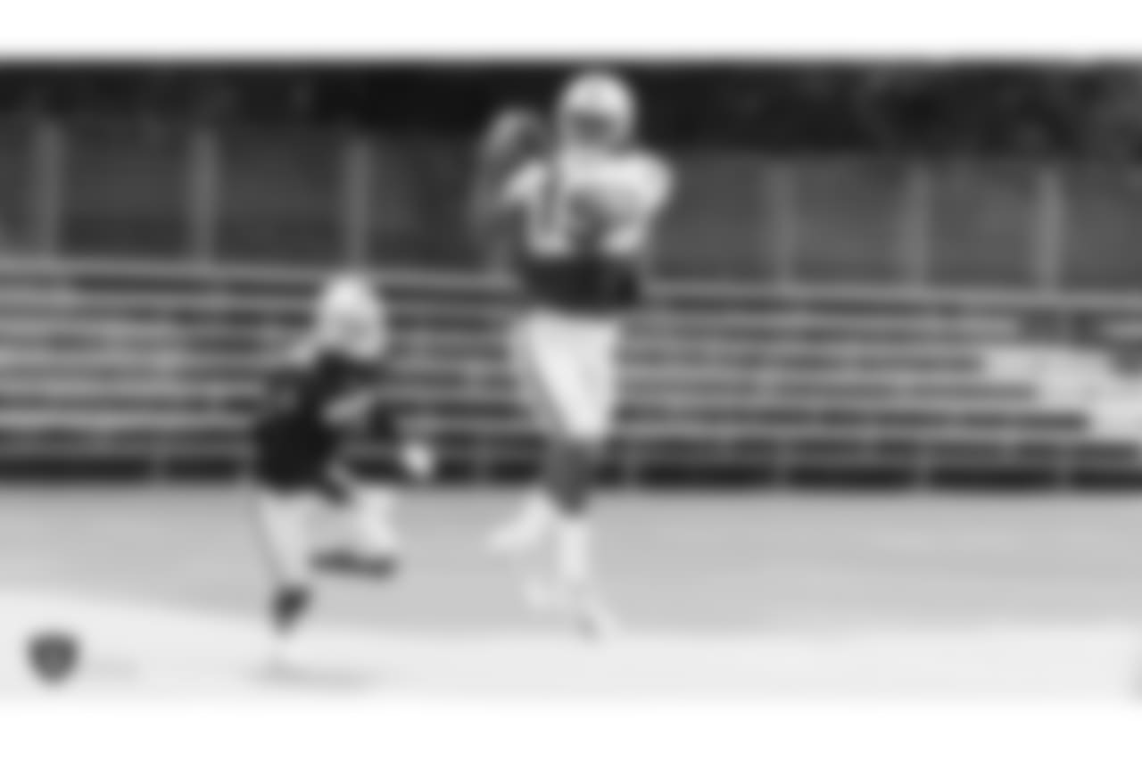 Oakland Raiders wide receiver Isaac Whitney (19) and corner back Shareece Wright (35) on the field for practice at 2018 Training Camp at The Oakland Raiders Napa Valley Training Complex, Wednesday, August 1, 2018, in Napa, California.