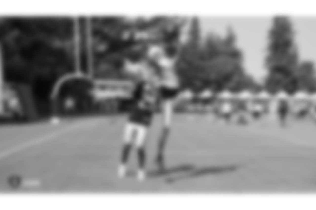 Oakland Raiders cornerback Leon Hall (29) and wide receiver Martavis Bryant (12) on the field for practice at 2018 Training Camp at The Oakland Raiders Napa Valley Training Complex, Thursday, August 2, 2018, in Napa, California.