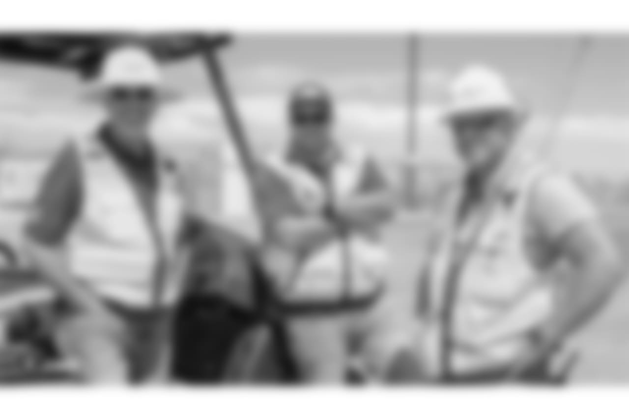 Staff members from The Oakland Raiders front office spend the day with construction workers of the Las Vegas Stadium worksite by handing out lunches and sharing a meal, Wednesday, June 28, 2018, at the Las Vegas Stadium worksite in Las Vegas, Nevada.
