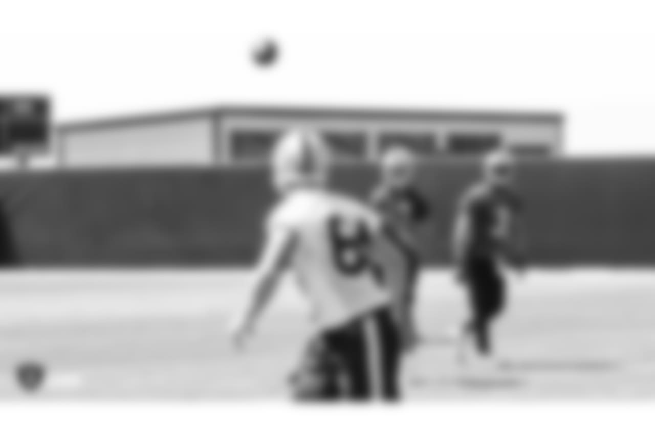 Oakland Raiders quarterback Christian Hackenberg (7) and tight end Paul Butler (84) at an Organized Team Activity (OTA) at the Oakland Raiders Practice Facility, Tuesday, May 29, 2018, in Alameda, California.