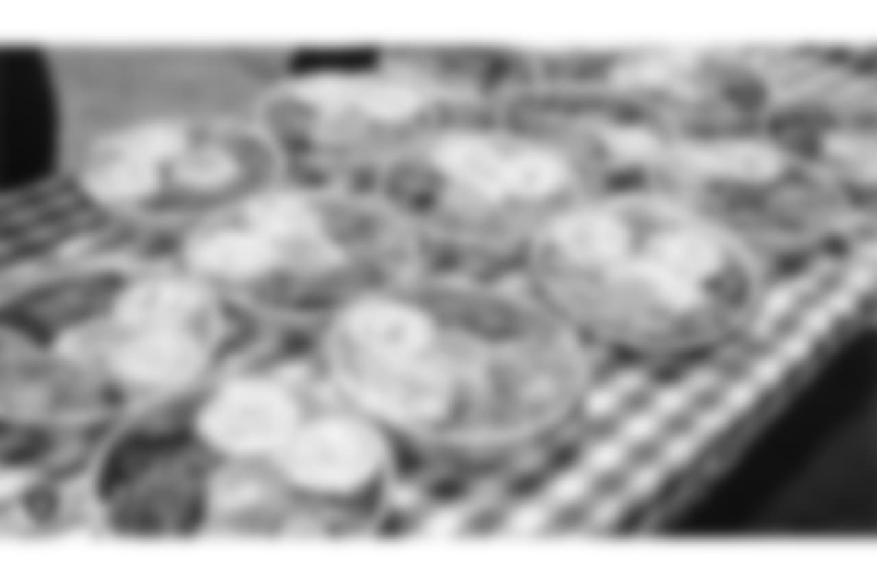 Staff members from The Oakland Raiders front office spend the day with construction workers of the Las Vegas Stadium worksite by handing out lunches and sharing a meal, Wednesday, June 28, 2018, at the Las Vegas Stadium worksite in Las Vegas, Nevada.