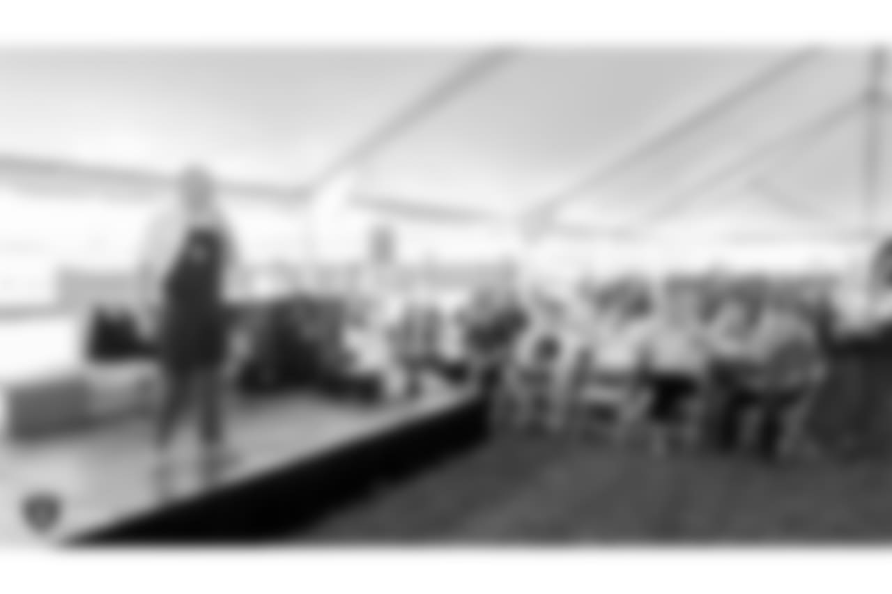 Oakland Raiders president Marc Badain, and other staff members from The Oakland Raiders front office spend the day with construction workers of the Las Vegas Stadium worksite by handing out lunches and sharing a meal, Wednesday, June 28, 2018, at the Las Vegas Stadium worksite in Las Vegas, Nevada.