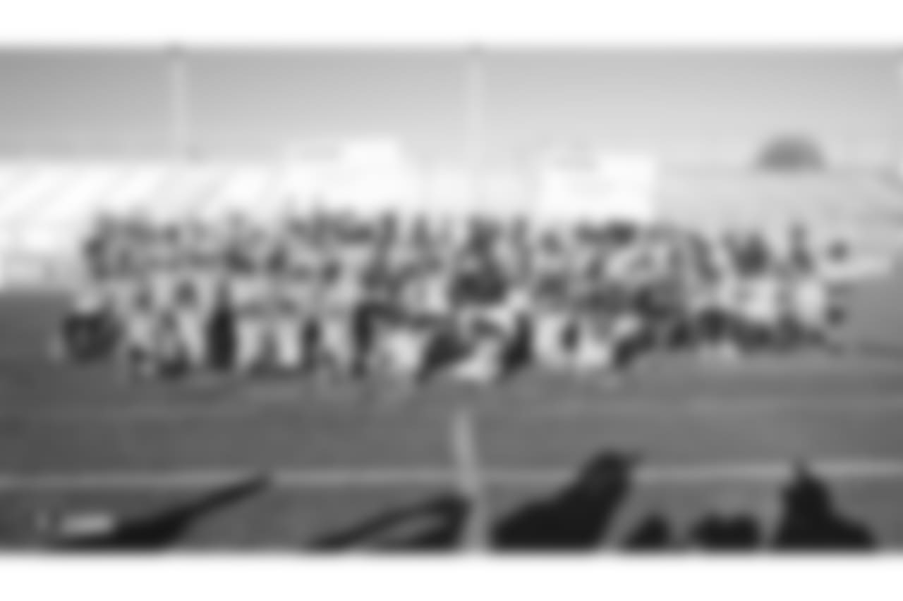 The Oakland Raiders head coach Jon Gruden presents a donation of football gear and checks for $50,000 by Dicks Sporting Goods Foundation's Sports Matters to both San Leandro Crusaders and East Bay Panthers' youth football teams. Accepting the donations were the San Leandro Crusaders' head coach Daniel Rivera and East Bay Panthers' head coach Jacob Davis, at Burrell Field, Tuesday, July 17, 2018, in San Leandro, California.