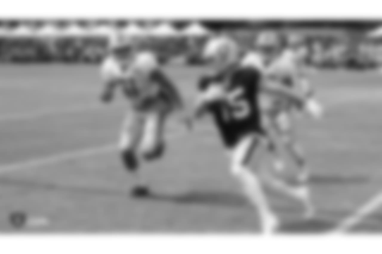 Oakland Raiders wide receiver Ryan Switzer (15) on the field for a joint practice with the Detroit Lions at 2018 Training Camp at The Oakland Raiders Napa Valley Training Complex, Tuesday, August 7, 2018, in Napa, California.