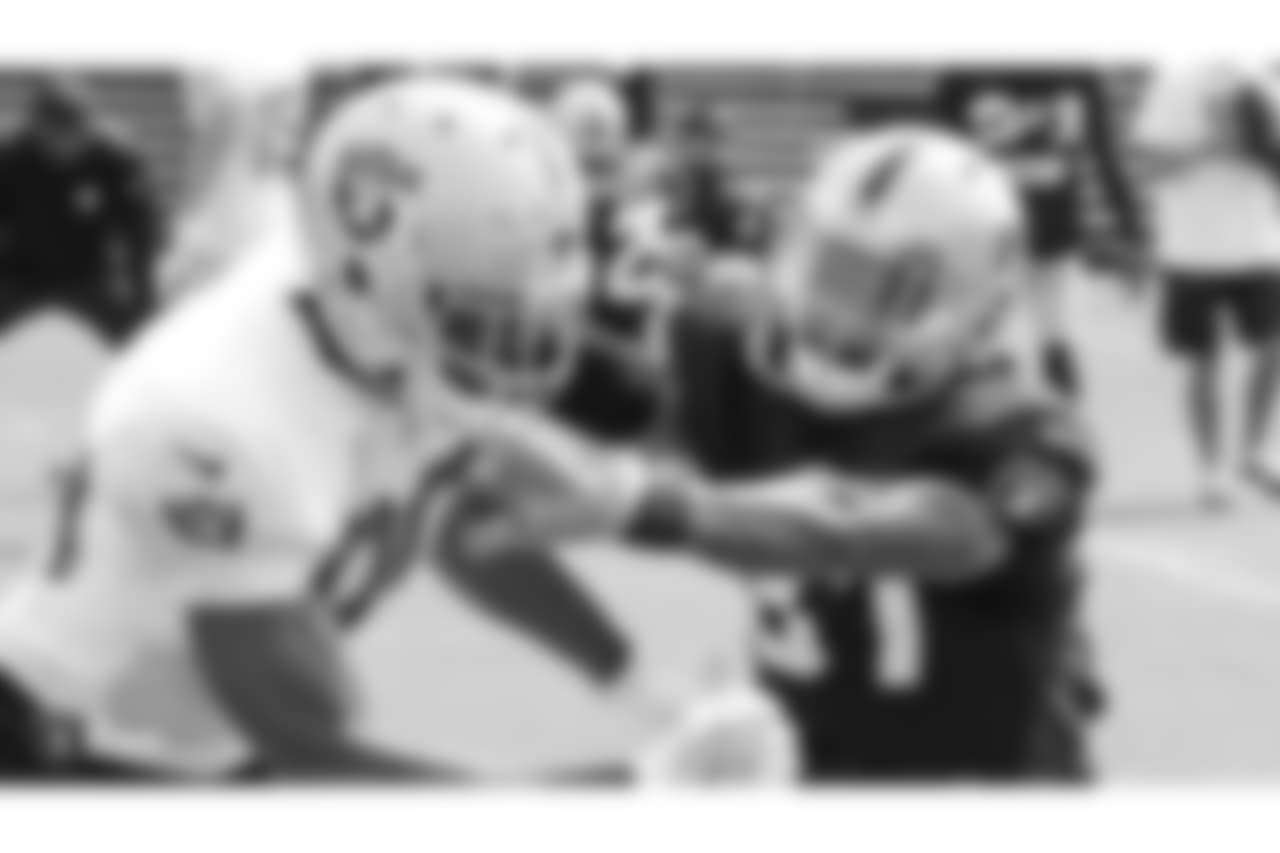 Oakland Raiders wide receiver Saeed Blacknall (80) and defensive back Tevin Mitchel (37) on the field for practice at 2018 Training Camp at The Oakland Raiders Napa Valley Training Complex, Wednesday, August 1, 2018, in Napa, California.