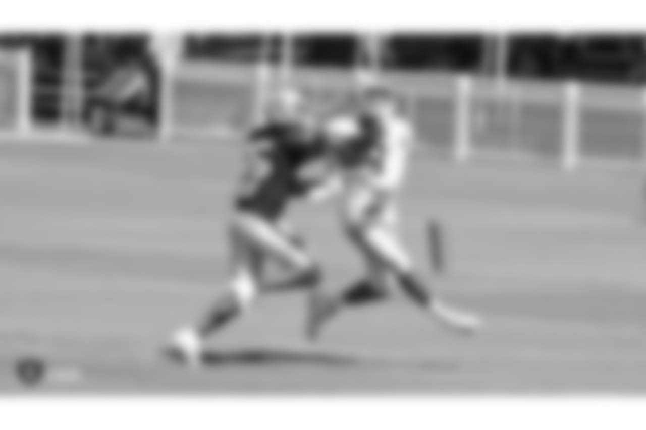 Oakland Raiders cornerback Shareece Wright (35) and wide receiver Amari Cooper (89) on the field for practice at 2018 Training Camp at The Oakland Raiders Napa Valley Training Complex, Monday, July 30, 2018, in Napa, California.