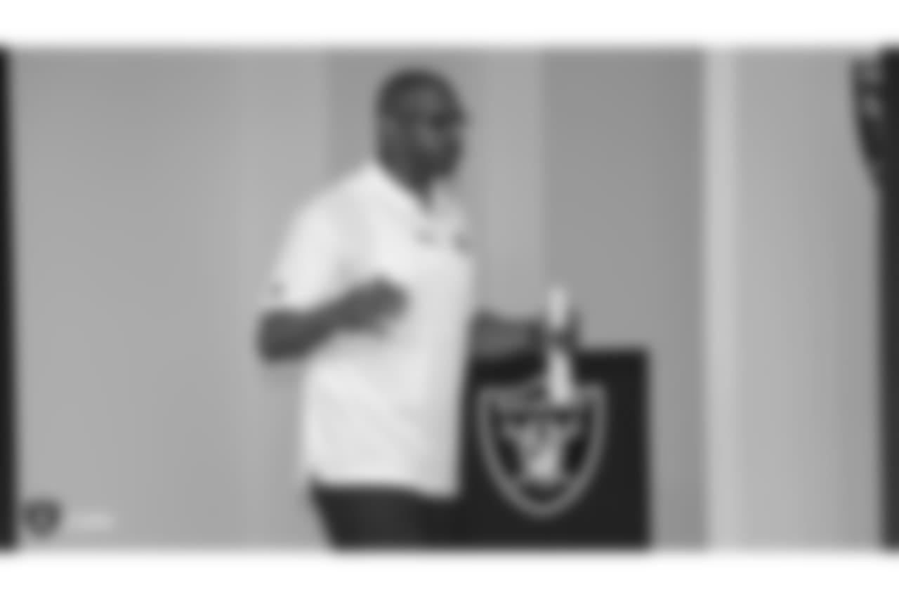 Oakland Raiders rookies listen to speaker Marco Coleman, assistant defensive line coach and financial advisor, as part of Rookie Academy, at the Oakland Raiders Practice Facility, Wednesday, June 20, 2018, in Alameda, California.