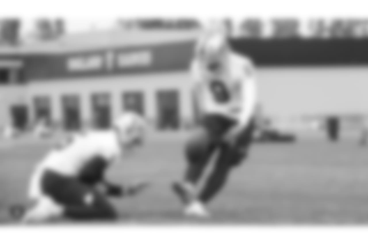 Oakland Raiders punter Johnny Townsend (5) and kicker Eddy Pineiro (9) at an Organized Team Activity (OTA) at the Oakland Raiders Practice Facility, Wednesday, May 30, 2018, in Alameda, California.