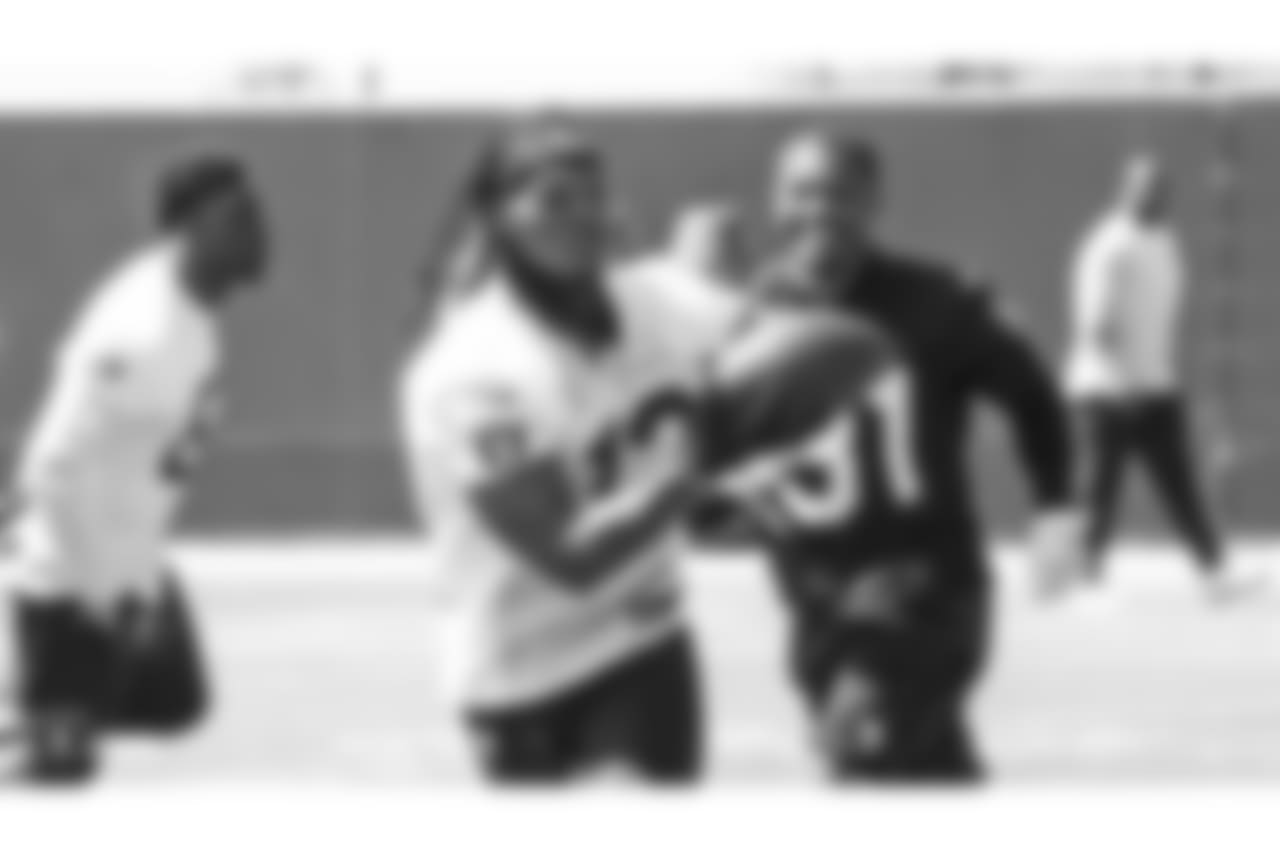 Oakland Raiders wide receiver Martavis Bryant (12) and safety Marcus Gilchrist (31) at an Organized Team Activity (OTA) at the Oakland Raiders Practice Facility, Tuesday, May 29, 2018, in Alameda, California.