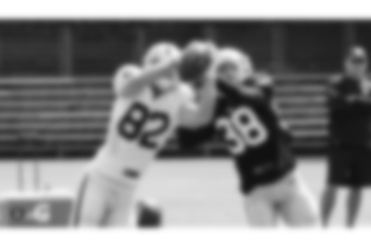 Oakland Raiders wide receiver Jordy Nelson (82) with cornerback Nick Nelson (38) on the field for practice at 2018 Training Camp at The Oakland Raiders Napa Valley Training Complex, Monday, August 6, 2018, in Napa, California.