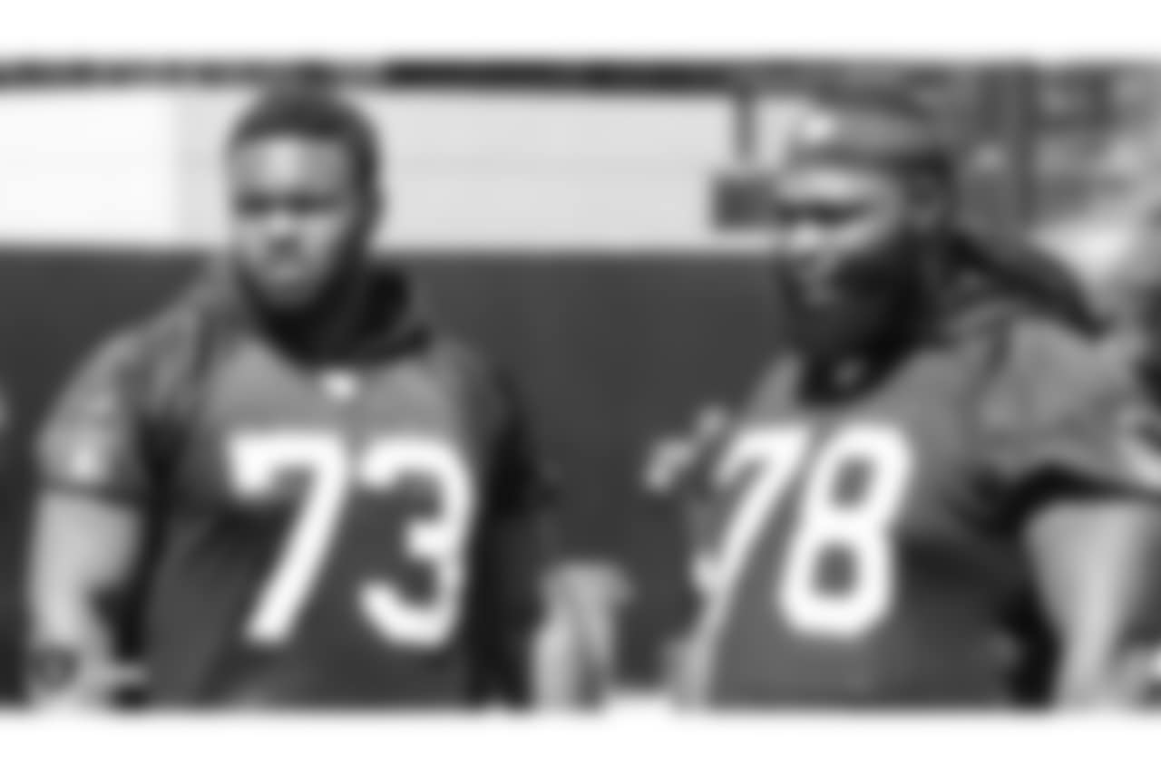 Oakland Raiders defensive tackle Maurice Hurst (73) and defensive tackle Justin Ellis (78) at an Organized Team Activity (OTA) at the Oakland Raiders Practice Facility, Thursday, May 31, 2018, in Alameda, California.