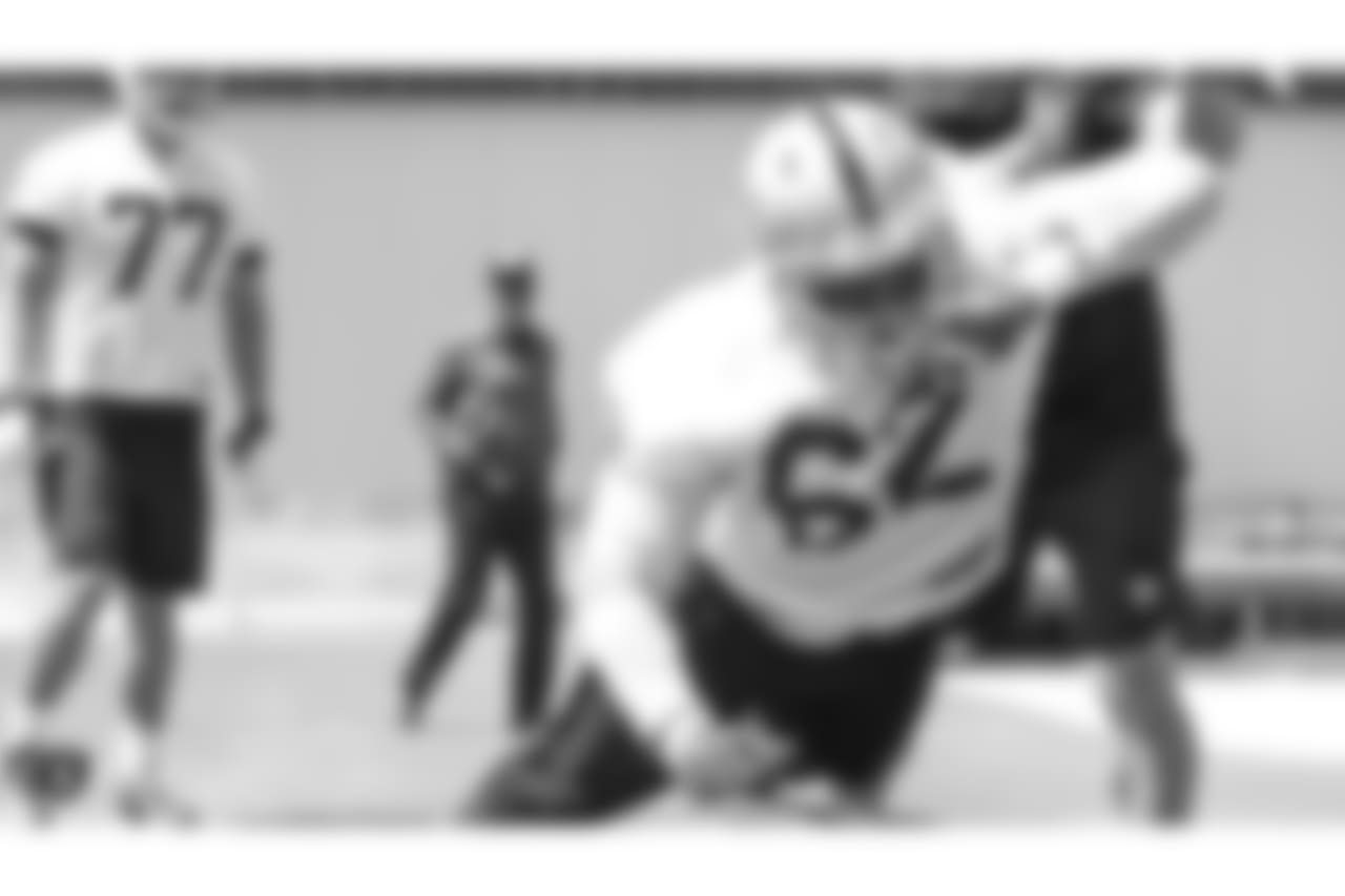 Oakland Raiders center James Stone (62) at an Organized Team Activity (OTA) at the Oakland Raiders Practice Facility, Thursday, May 31, 2018, in Alameda, California.