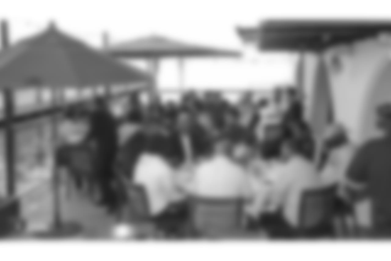 Oakland Raiders rookies, alumni, and staff members share a meal at Lake Chalet, as part of Rookie Academy, Monday, June 18, 2018, in Oakland, California.