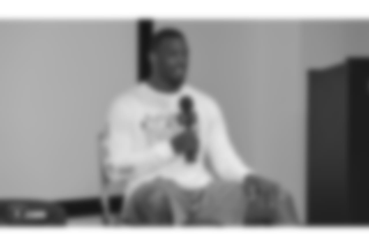 Oakland Raiders rookies listen to speakers Shilique Calhoun and Nicholas Morrow, Oakland Raiders linebackers, as part of Rookie Academy, at the Oakland Raiders Practice Facility, Monday, June 18, 2018, in Alameda, California.