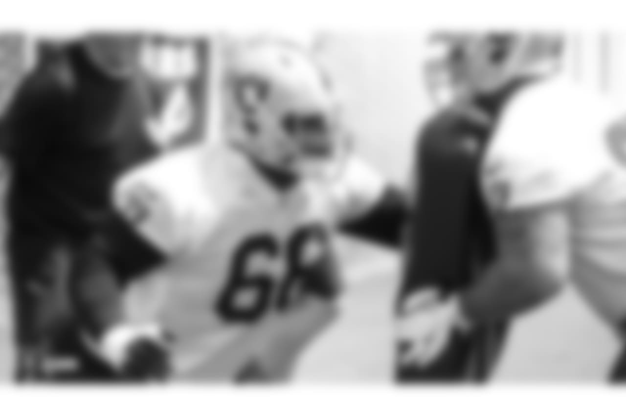 Oakland Raiders offensive guard Jon Feliciano (76) at an Organized Team Activity (OTA) at the Oakland Raiders Practice Facility, Wednesday, June 6, 2018, in Alameda, California.