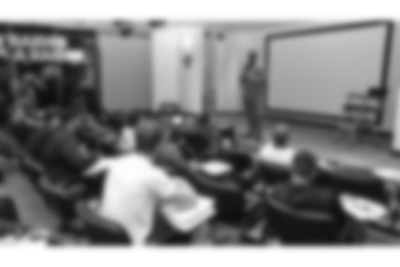 Oakland Raiders rookies attend a Player Engagement talk with NBA Hall of Famer, Gary Payton, at the Oakland Raiders Practice Facility, Friday, May 25, 2018, in Alameda, California.