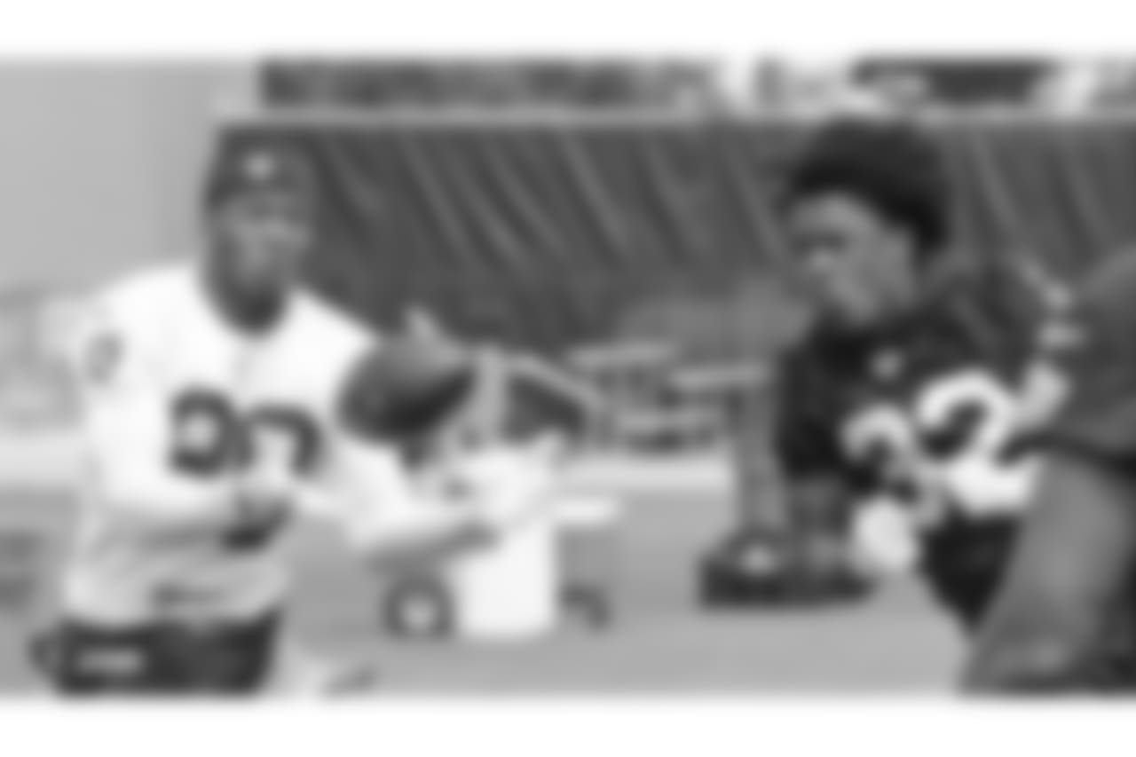 Oakland Raiders wide receiver Saeed Blacknall (80) and defensive back Antonio Hamilton (32) at an Organized Team Activity (OTA) at the Oakland Raiders Practice Facility, Wednesday, May 30, 2018, in Alameda, California.