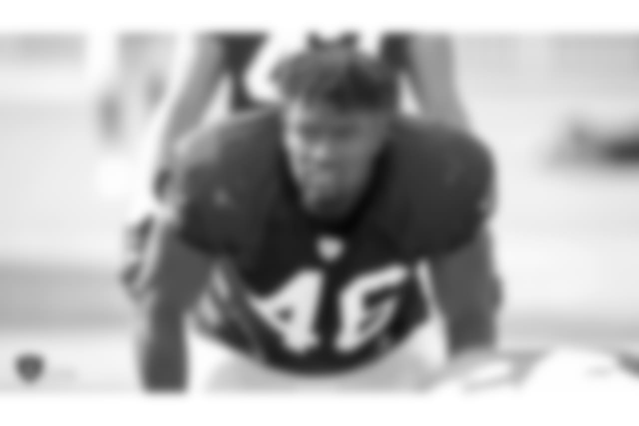 Oakland Raiders linebacker Jason Cabinda (46) on the field for practice at 2018 Training Camp at The Oakland Raiders Napa Valley Training Complex, Monday, August 6, 2018, in Napa, California.