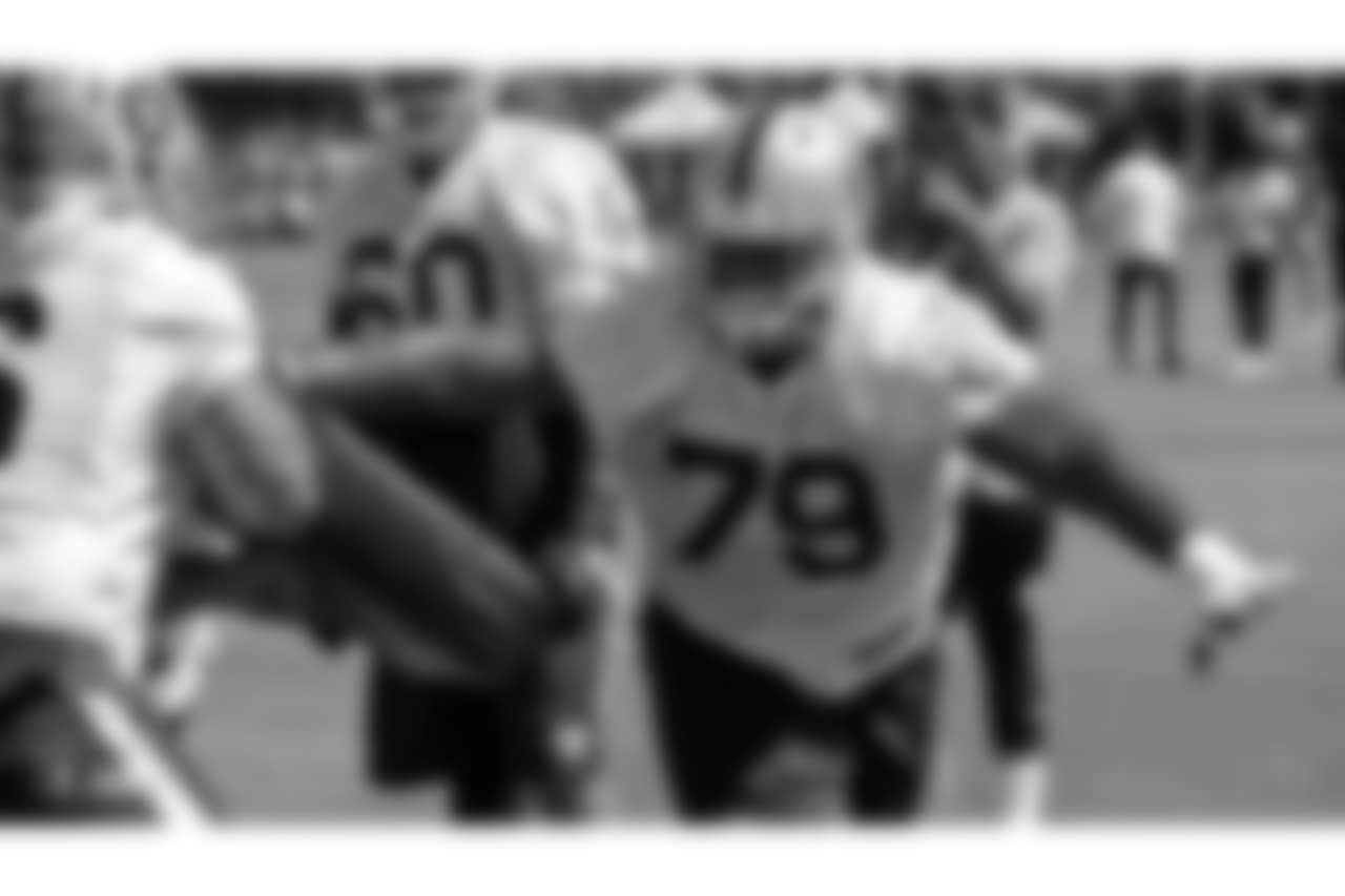 Oakland Raiders offensive guard Denver Kirland (79) on the field for practice at 2018 Training Camp at The Oakland Raiders Napa Valley Training Complex, Saturday, August 4, 2018, in Napa, California.