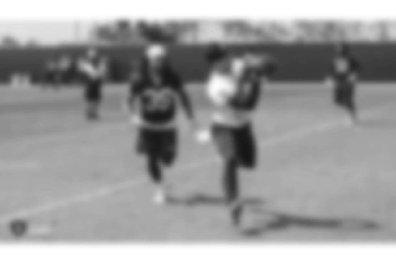 Oakland Raiders defensive back Shaquille Richardson (39) and wide receiver Griff Whalen (13) at an Organized Team Activity (OTA) at the Oakland Raiders Practice Facility, Wednesday, June 6, 2018, in Alameda, California.