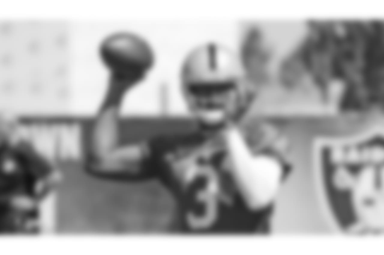 Oakland Raiders quarterback EJ Manuel (3) at an Organized Team Activity (OTA) at the Oakland Raiders Practice Facility, Monday, June 4, 2018, in Alameda, California.