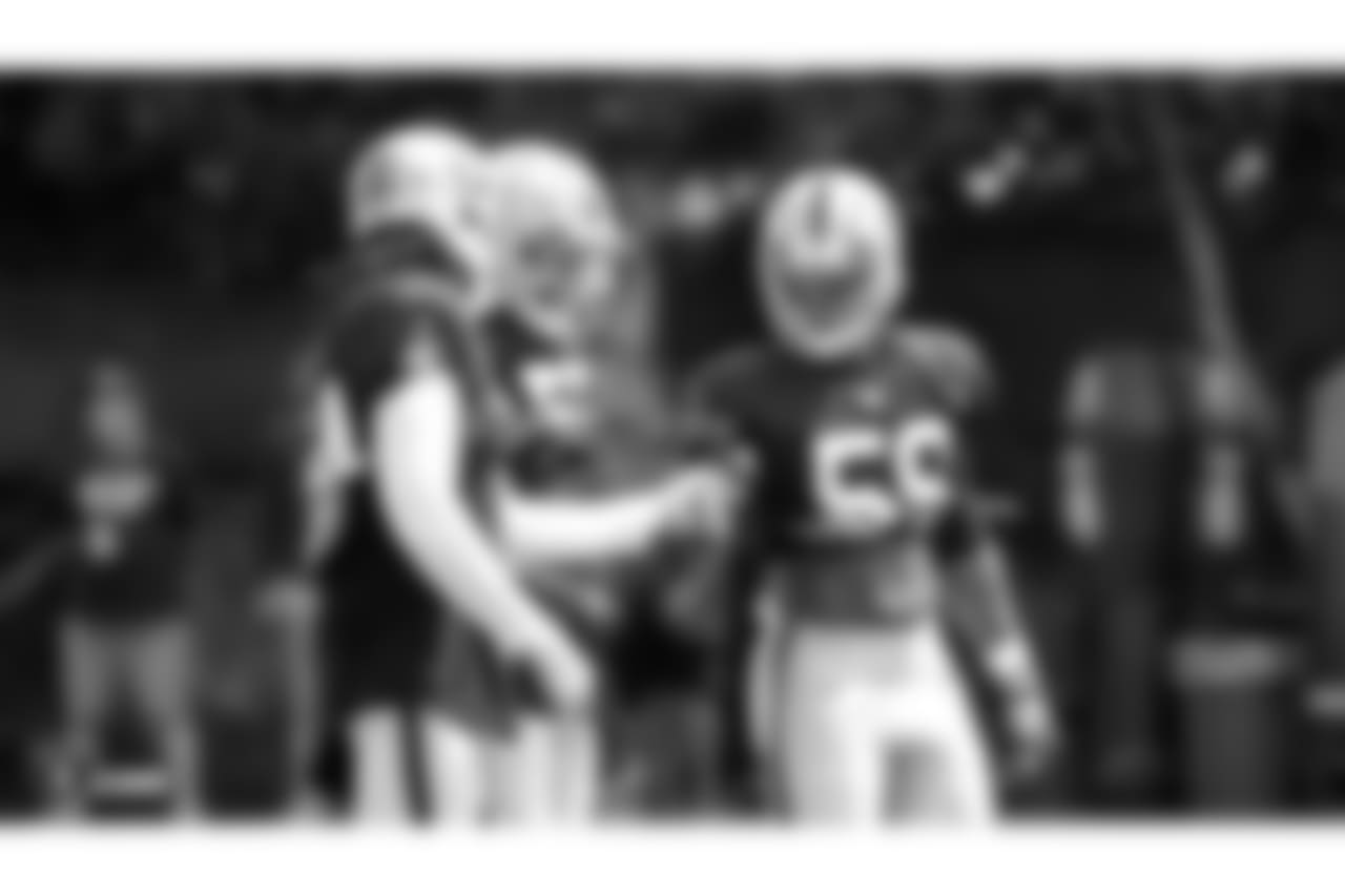 Oakland Raiders linebacker Emmanuel Lamur (54), linebacker Marquel Lee (55), and linebacker Tahir Whitehead (59) on the field for practice at 2018 Training Camp at The Oakland Raiders Napa Valley Training Complex, Thursday, August 2, 2018, in Napa, California.