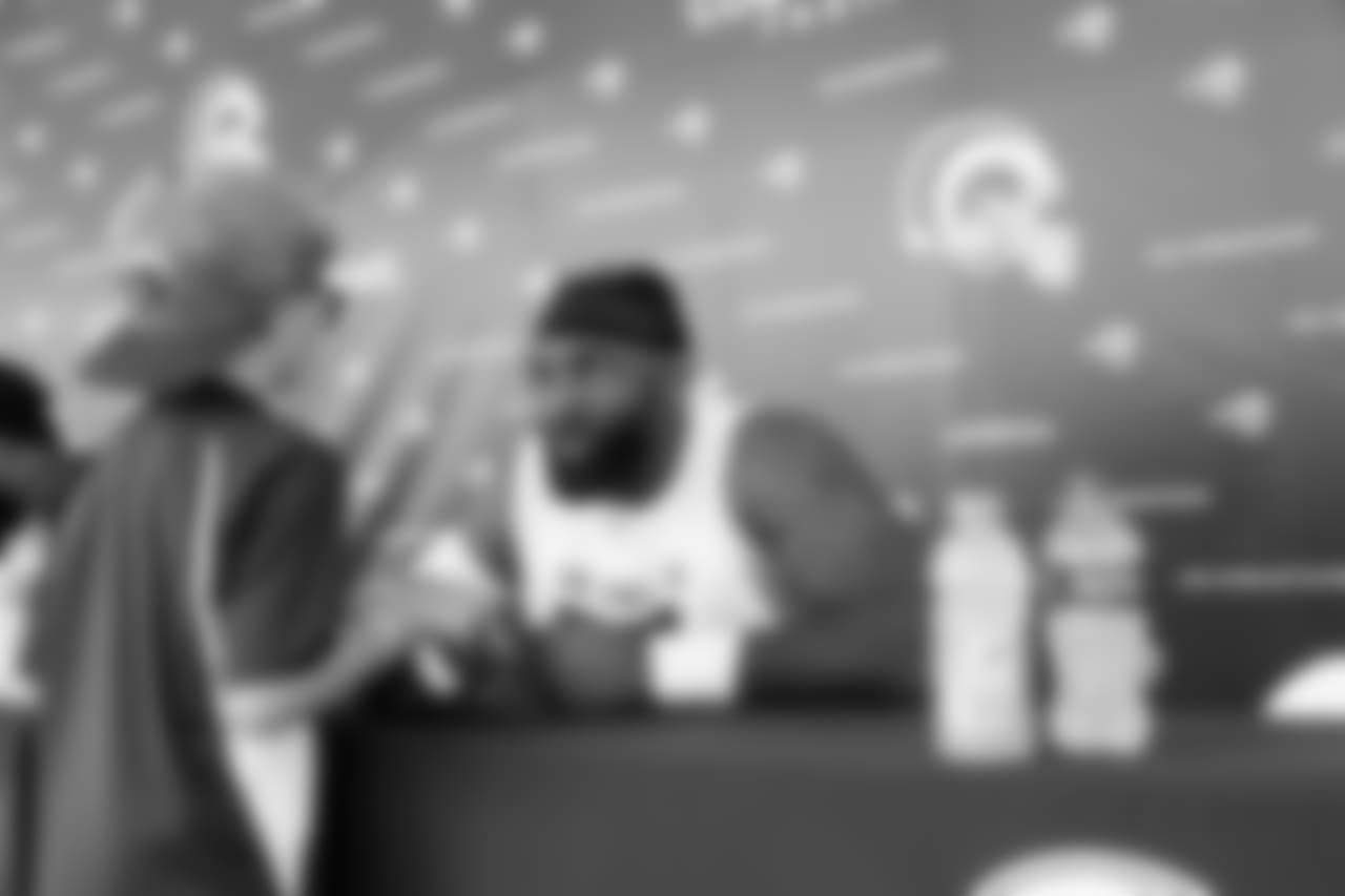 Defensive lineman (90) Michael Brockers of the Los Angeles Rams signs autographs during Day 5 of Training Camp, Monday, July 30, 2018, in Irvine, CA. (Will Navarro/Rams)