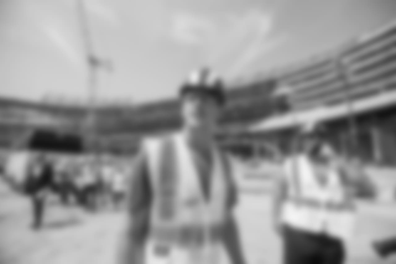 Quarterback (16) Jared Goff of the Los Angeles Rams takes a tour with the team of the new Inglewood Stadium site, Thursday June 14, 2018, in Inglewood, CA. (Jeff Lewis/Rams)