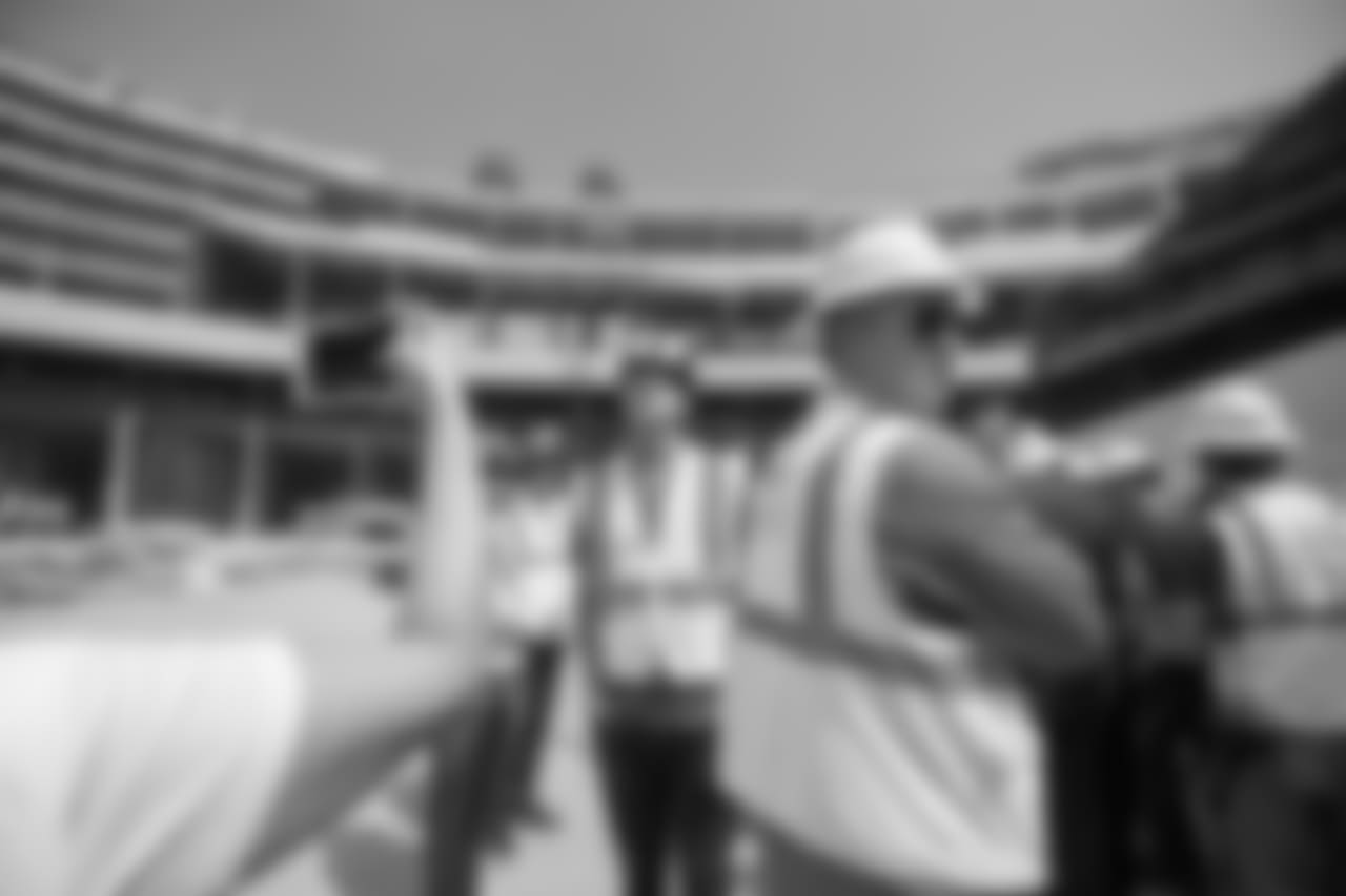 Quarterback (16) Jared Goff of the Los Angeles Rams takes a tour with the team of the new Inglewood Stadium site, Thursday June 14, 2018, in Inglewood, CA. (Jeff Lewis/Rams)