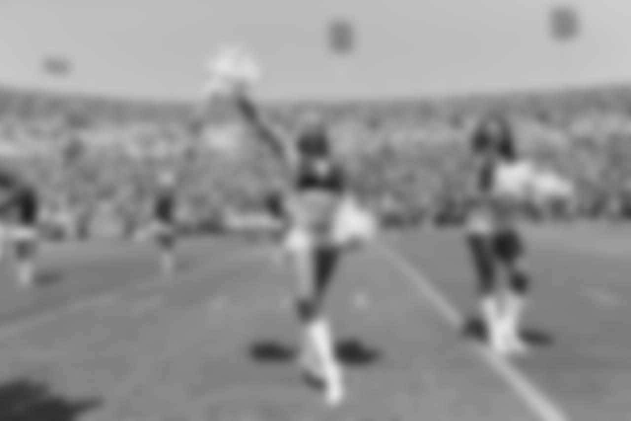 The Los Angeles Rams Cheerleaders cheer on as the players reach the field as the Los Angeles Rams face the Oakland Raiders during the 19 - 15 victory in a Week 2 Preseason game, Saturday, August 18, 2018, at the Los Angeles Memorial Coliseum in Los Angeles, CA. (Will Navarro/Rams)