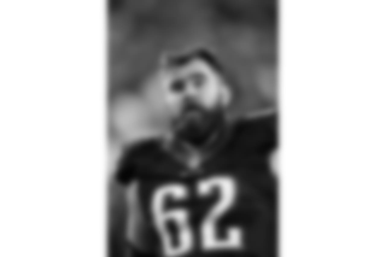 Philadelphia Eagles offensive center Jason Kelce (62) looks up from the sideline with his helmet off during a NFL Thursday Night Football game against the New York Giants, Thursday, December 22, 2016 in Philadelphia. The Eagles won the game 24-19. (Paul Jasienski via AP)