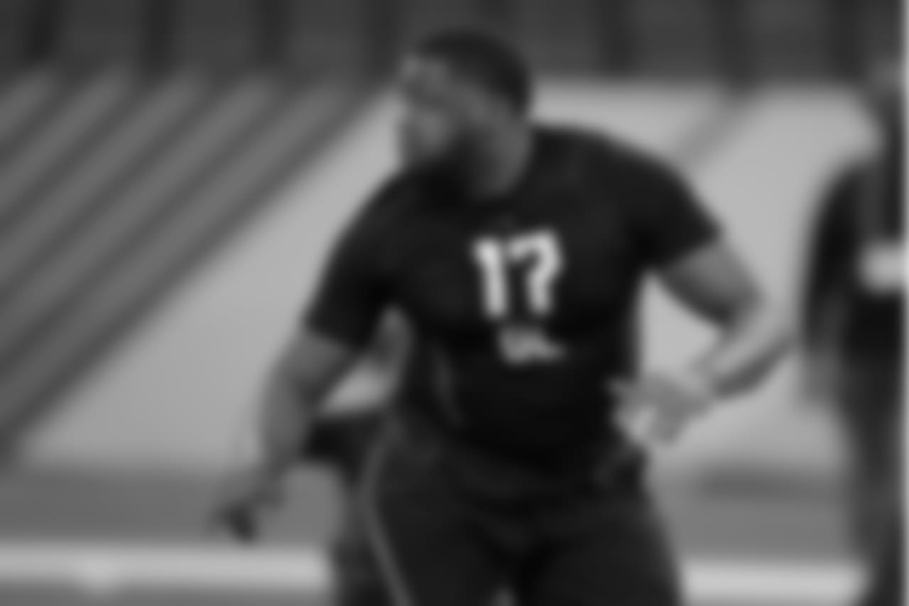 Ohio State offensive lineman Jamarco Jones runs a drill at the NFL football scouting combine in Indianapolis, Friday, March 2, 2018. (AP Photo/Michael Conroy)