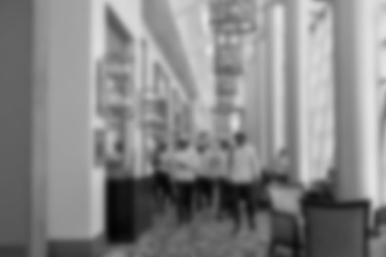 Seahawks defensive backs including Mike Tyson and Neiko Thorpe leave a position meeting in the team's hotel on Saturday morning.