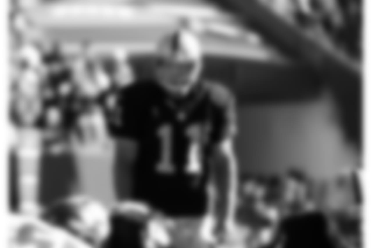 Oakland Raiders kicker Sebastian Janikowski (11) lines up for a field goal in a week-eight NFL football game against the Tampa Bay Buccaneers Oct. 30, 2016 in Tampa, Fla. Oakland won 30 - 24 in overtime. (Al Messerschmidt via AP)