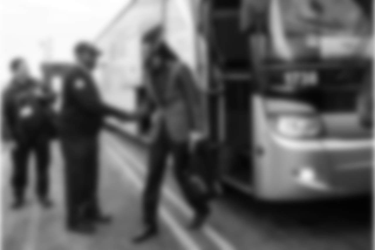 Upon arrival at MetLife Stadium, Richard Sherman takes a moment to shake hands with and thank their bus driver for the week's work.
