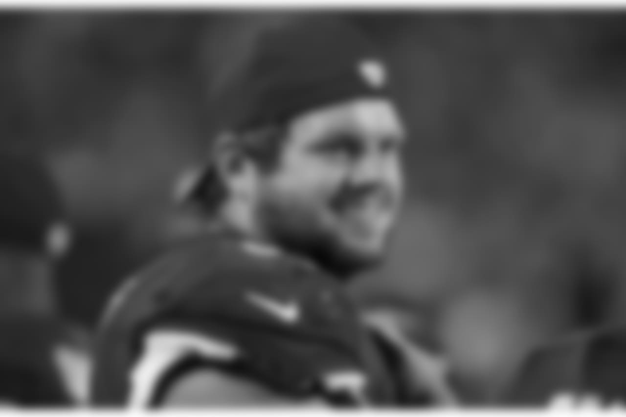 Arizona Cardinals' Jared Veldheer smiles as he stands on the sidelines during the second half of an NFL preseason football game against the Oakland Raiders Friday, Aug. 12, 2016, in Glendale, Ariz. The Raiders defeated the Cardinals 31-10. (AP Photo/Ross D. Franklin)