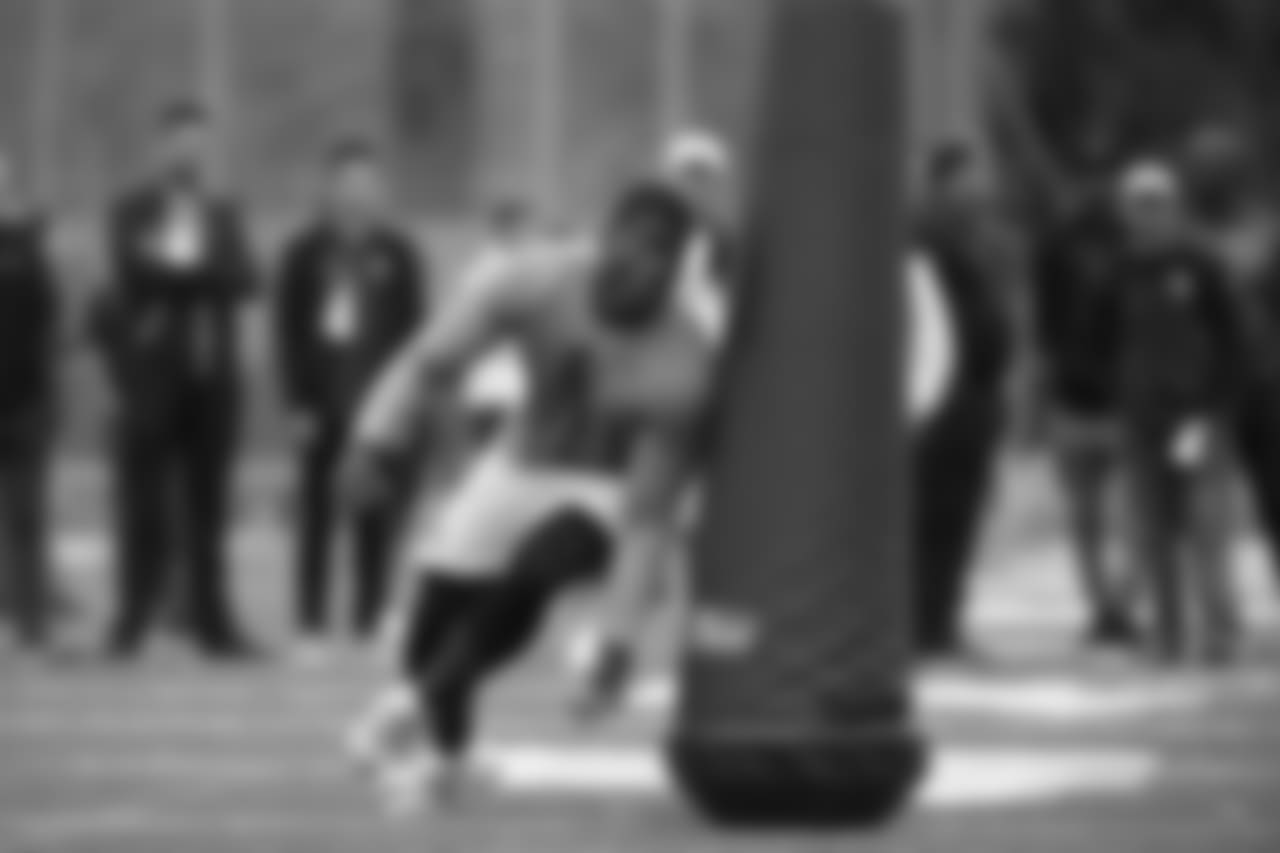 Southern California defensive lineman Rasheem Green runs through a drill during USC Pro Day, Wednesday, March 21, 2018, in Los Angeles. The Pro Day is intended to showcase talent to NFL scouts for the upcoming draft. (AP Photo/Jae C. Hong)