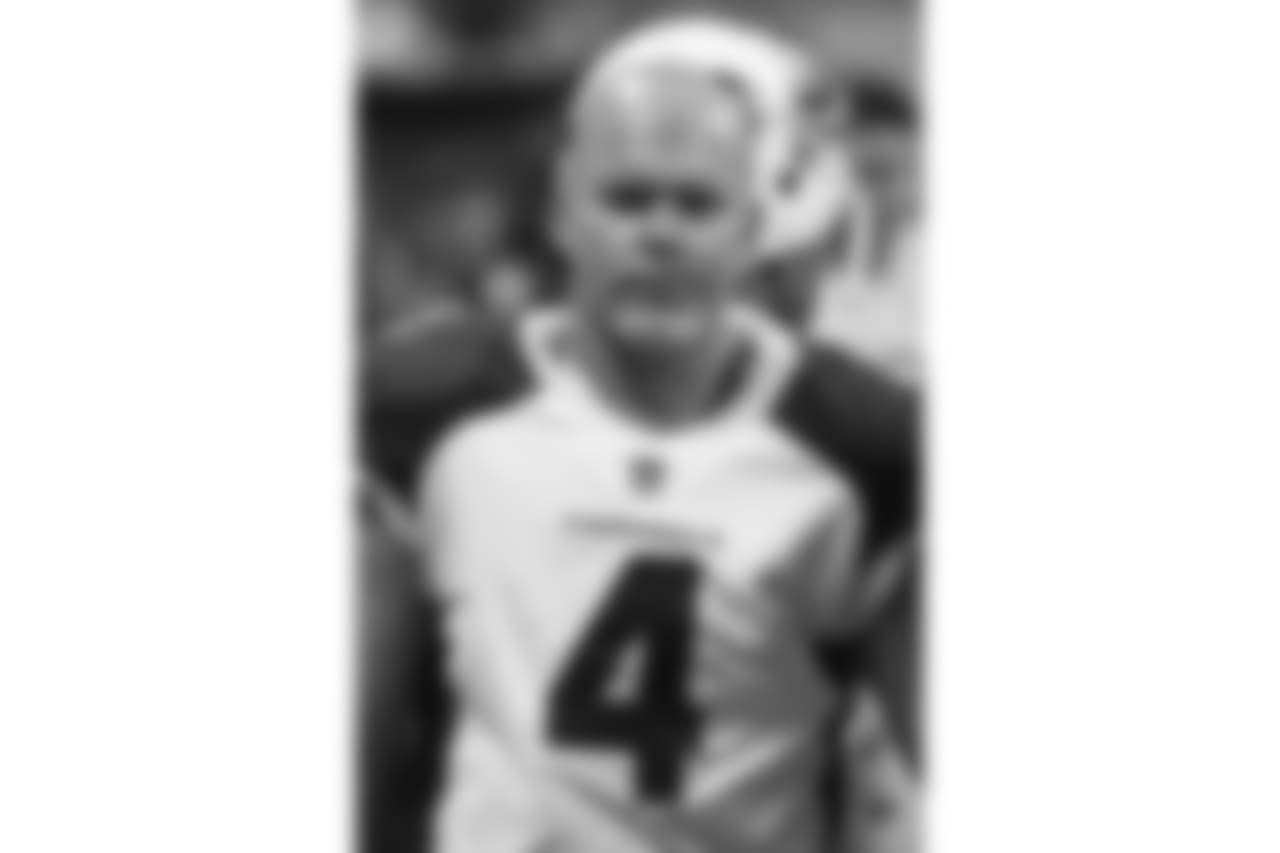 Arizona Cardinals kicker Phil Dawson (4) looks on from the bench during a NFL preseason game against the Atlanta Falcons, Saturday, Aug. 26, 2017 in Atlanta. (Logan Bowles via AP)