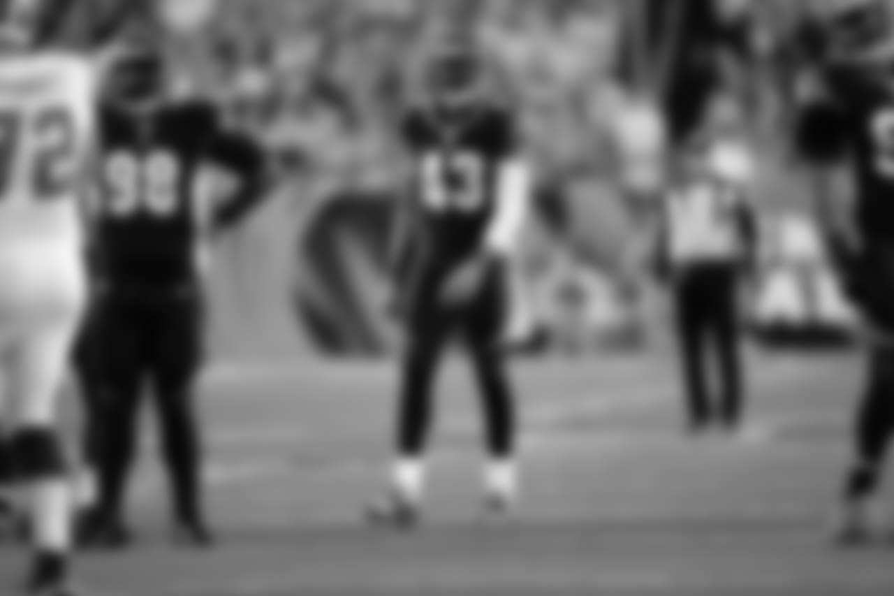 Cincinnati Bengals safety George Iloka (43) stands on the playing field during a week 9 NFL football game against the Cleveland Browns on Thursday, November 5, 2015 in Cincinnati, Ohio. The Bengals defeated the Browns 31-10. (Scott Boehm via AP)