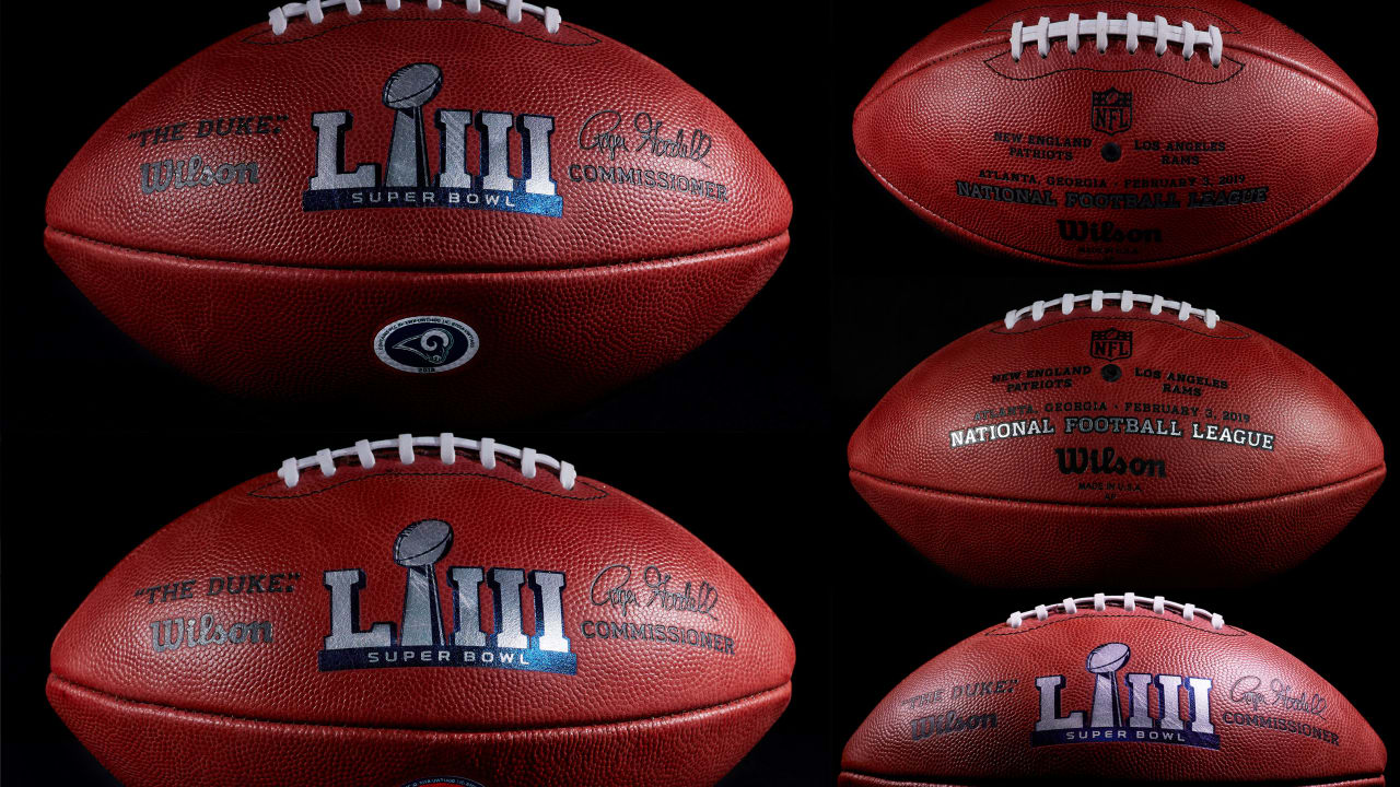 An official ball for the NFL Super Bowl LIII football game with the Los  Angeles Rams logo that was made at the Wilson Sporting Goods Co. in Ada,  Ohio, Monday, Jan. 21