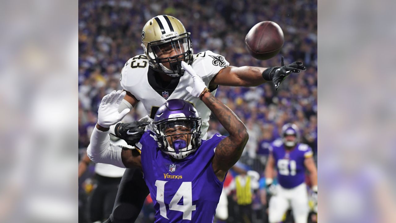 Minnesota Vikings wide receiver Stefon Diggs reacts after scoring the game  winning touchdown against the New Orleans Saints in the second half of the  NFC Divisional round playoff game at U.S. Bank