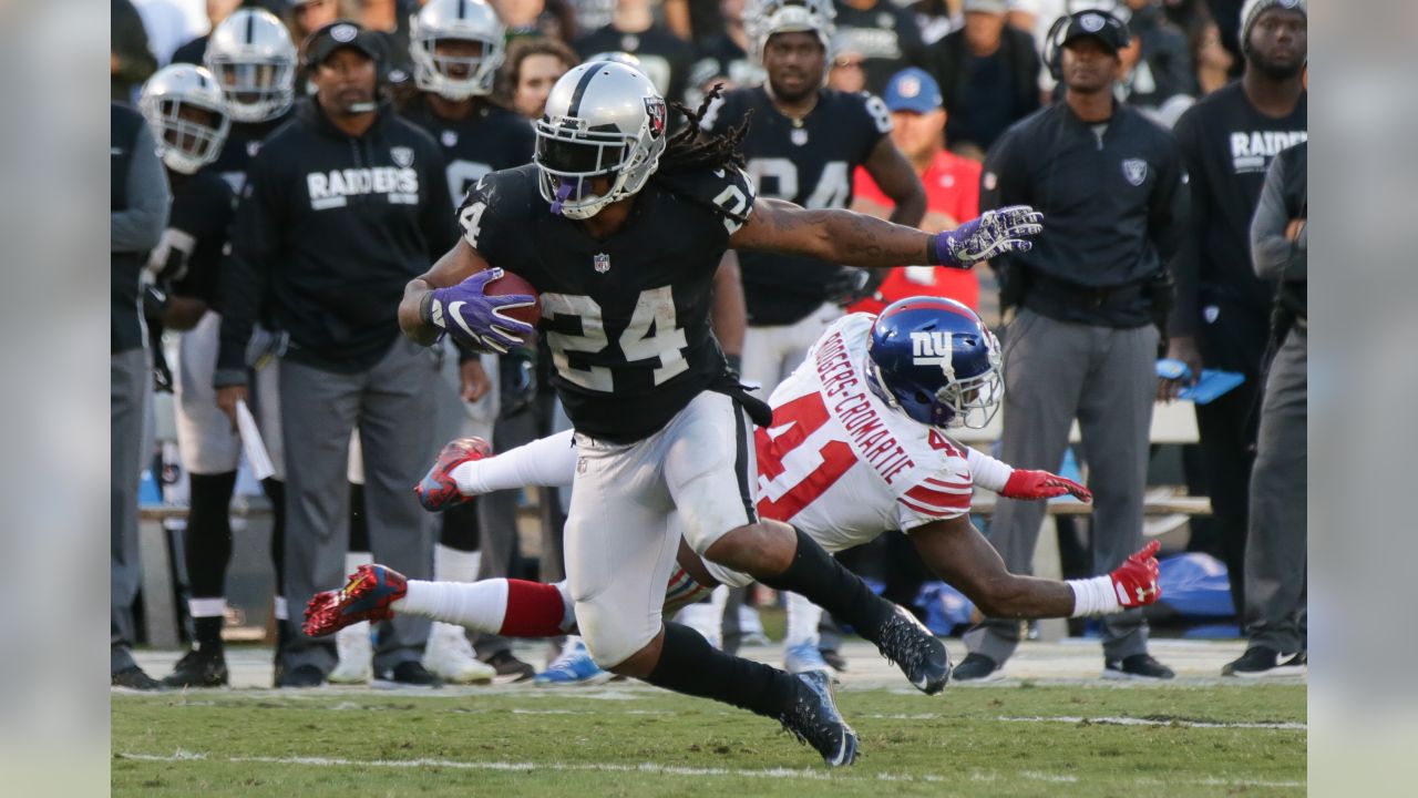 Oakland Raiders running back Marshawn Lynch kicks into a practice net  during the first half of an NFL preseason football game against the Seattle  Seahawks in Oakland, Calif., Thursday, Aug. 31, 2017. (