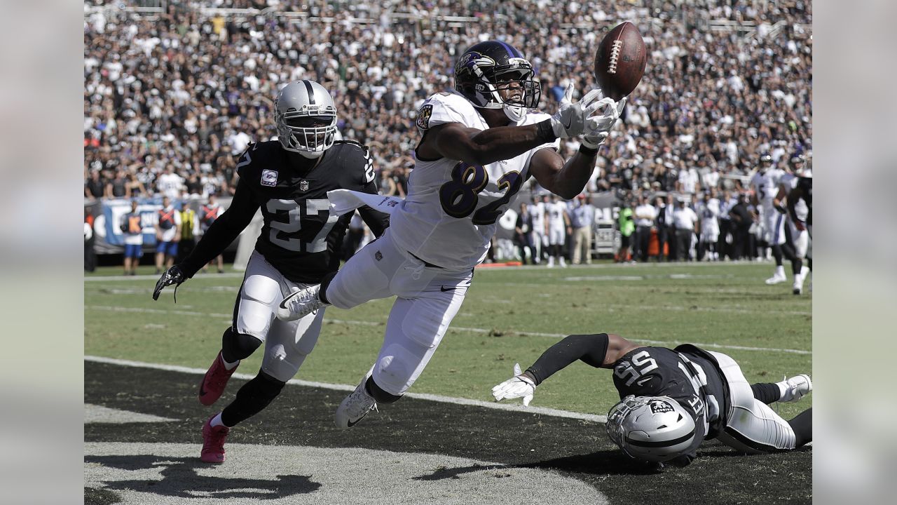 Oakland Raiders Reggie Nelson (27) celebrates intercepting pass